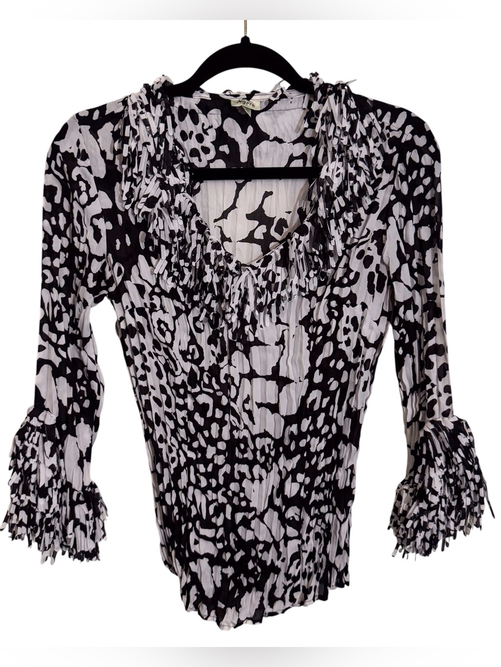 Agorra Small Y2K Fringe Artsy Top Black White Blouse Fairy Geometric V-Neck